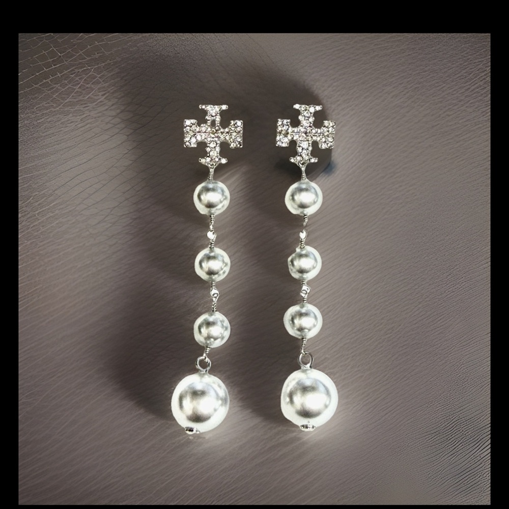 Tory Burch Silver Pearl Drop Earrings - Picture 2 of 2